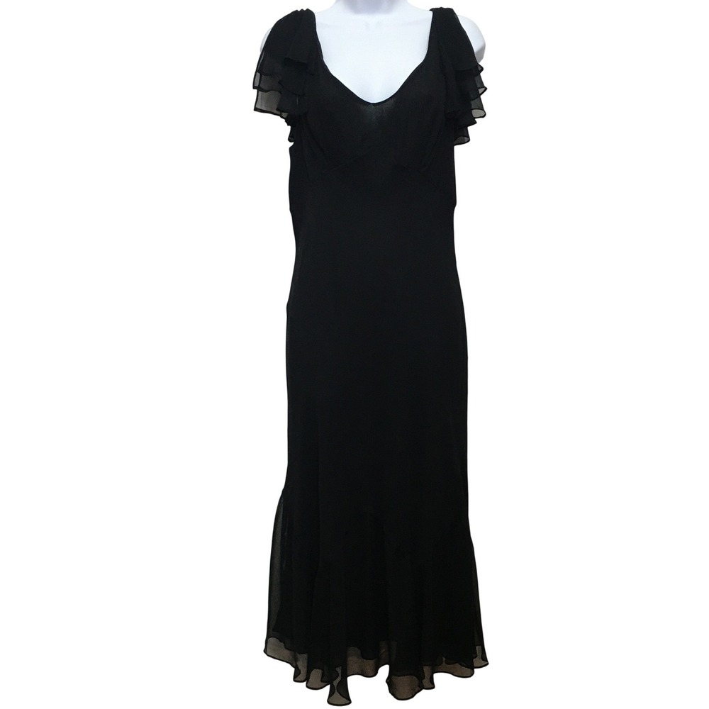 Mica Y2K Ruffle Sleeve Midi Dress Women's 12 Black Romantic Cocktail Elegant